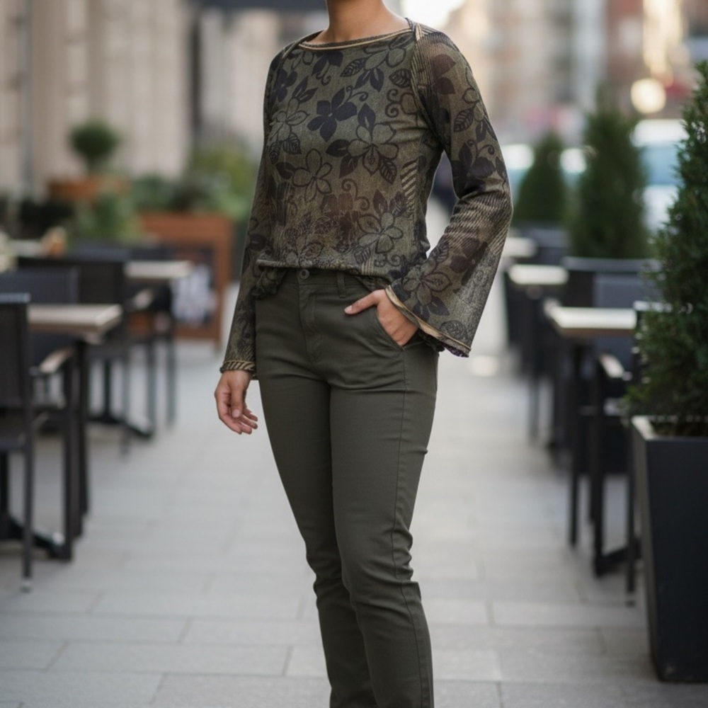 Anac Floral Mesh Top in Olive and Black